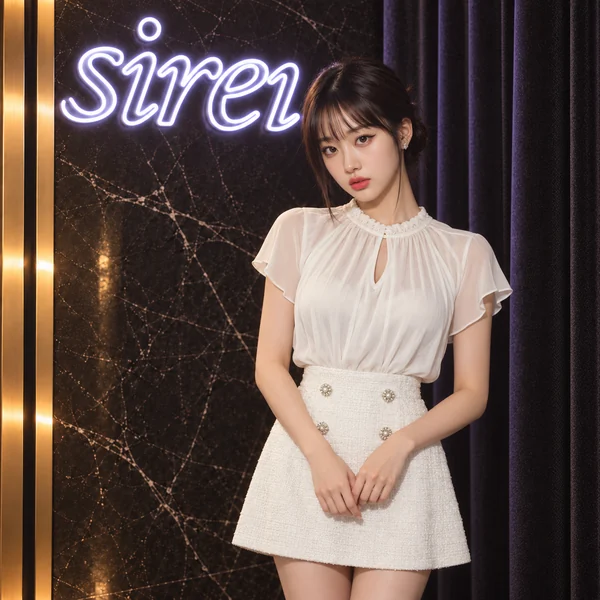 아이보리 블라우스와 트위드 스커트를 착용한 여성의 세이렌 화보