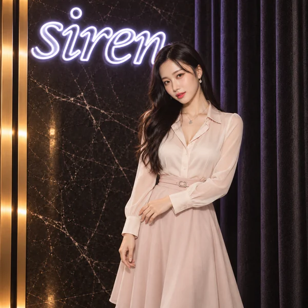블러시 블라우스와 스커트를 착용한 여성의 세이렌 화보